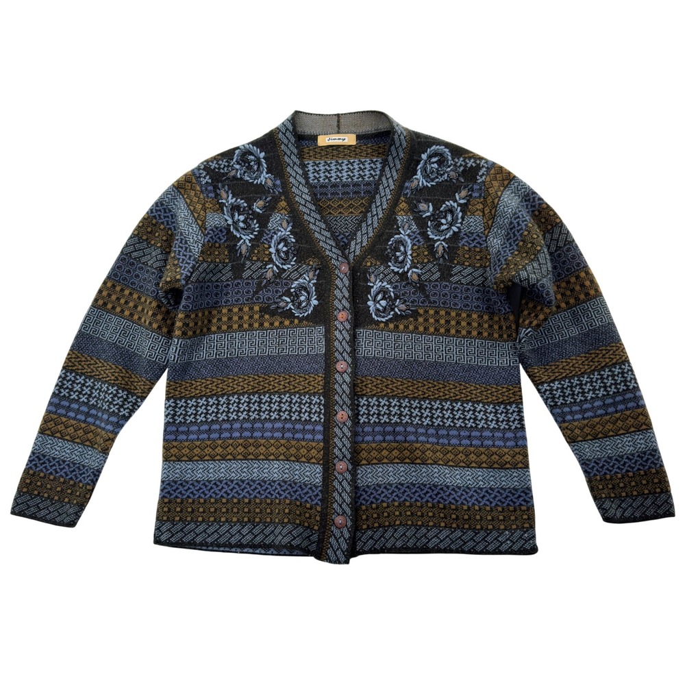 Womens Knit Cardigan Sweater MED Striped Button Front‎ Grannycore Embroidered